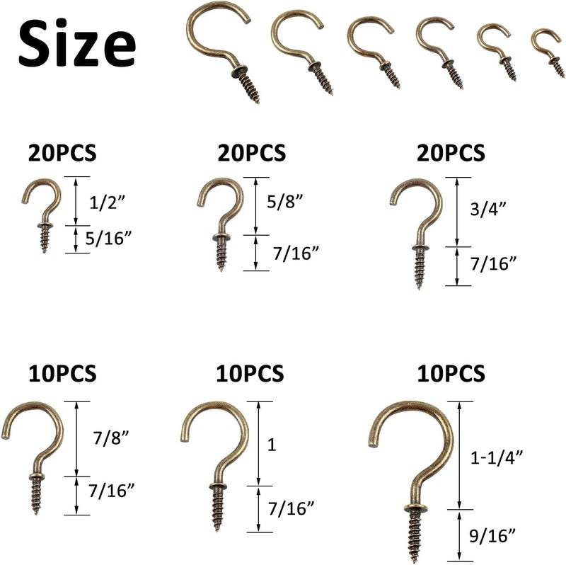 Romeda 90 Pcs Ceiling Hooks Kit - 6 Sizes Screw-in Hooks for Hanging (1/2", 5/8",3/4",7/8",1",1-1/4") (Bronze) - Image 2